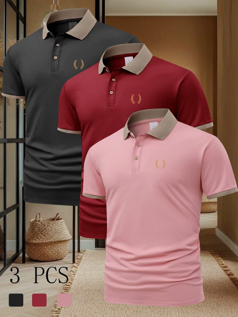 FC660 Wheat Print Pattern 3pcs Set Summer Men'S Casual Short-Sleeved POLO Shirt Lapel Top Fashion Casual Daily Business Top - Black+wine Red+pink