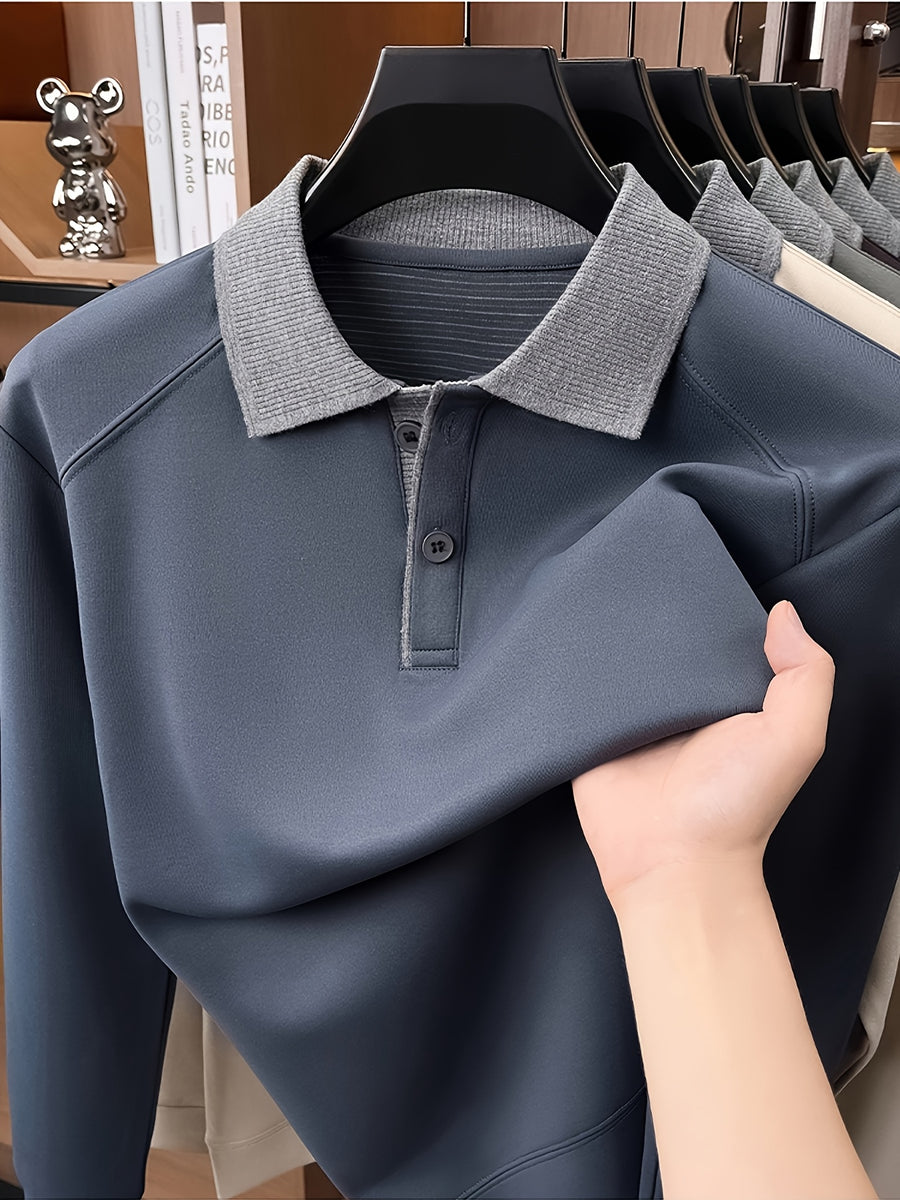 Autumn Contrast Collar Long Sleeve Polo Shirt, Men'S Drop Shoulder Knit Pullover, Spring Autumn Business Casual Base Layer Top, Loose Patchwork Collar T-Shirt, Casual Fishing Top - Grey-blue