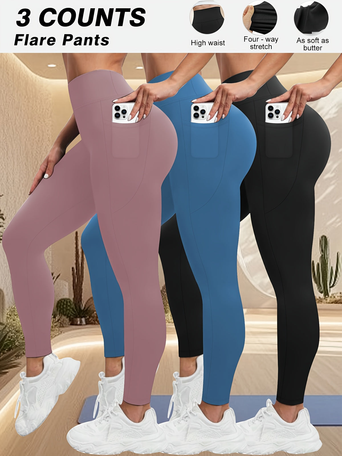Plus Size - Plus Size - Set of 3 Plus-Size High-Waisted Tight Leggings for Women, Suitable for Outdoor And Workouts. The Fabric Is Highly Elastic, Providing Tummy Control And a Effect. Features Side Pockets for Phone Storage - 1 Black 1 Blue 1 Raspberry