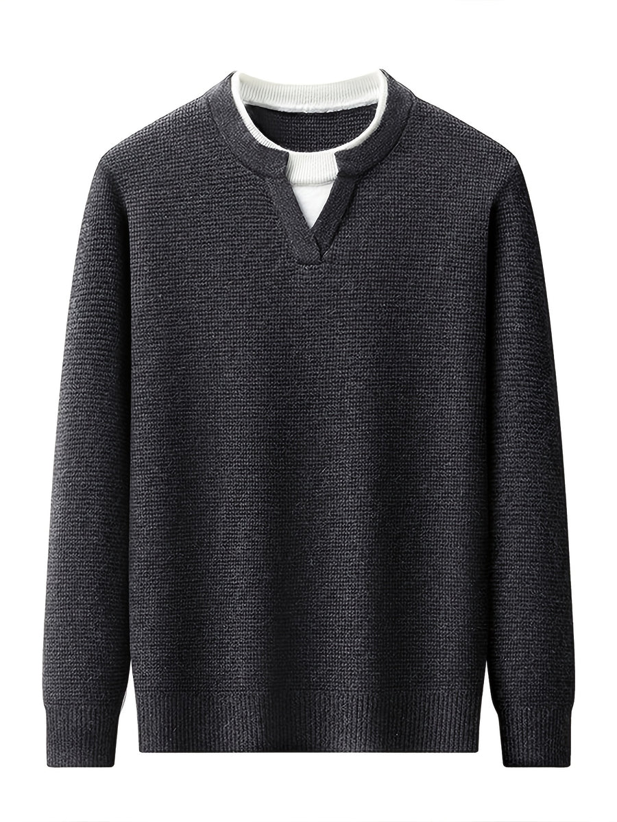 Men'S Waffle Fake Two-Piece V-Neck Knit Long Sleeve Top, Burgundy And White Contrast, Focus on Atmospheric Autumn Casual Wear - SINBOS - Dark Gray