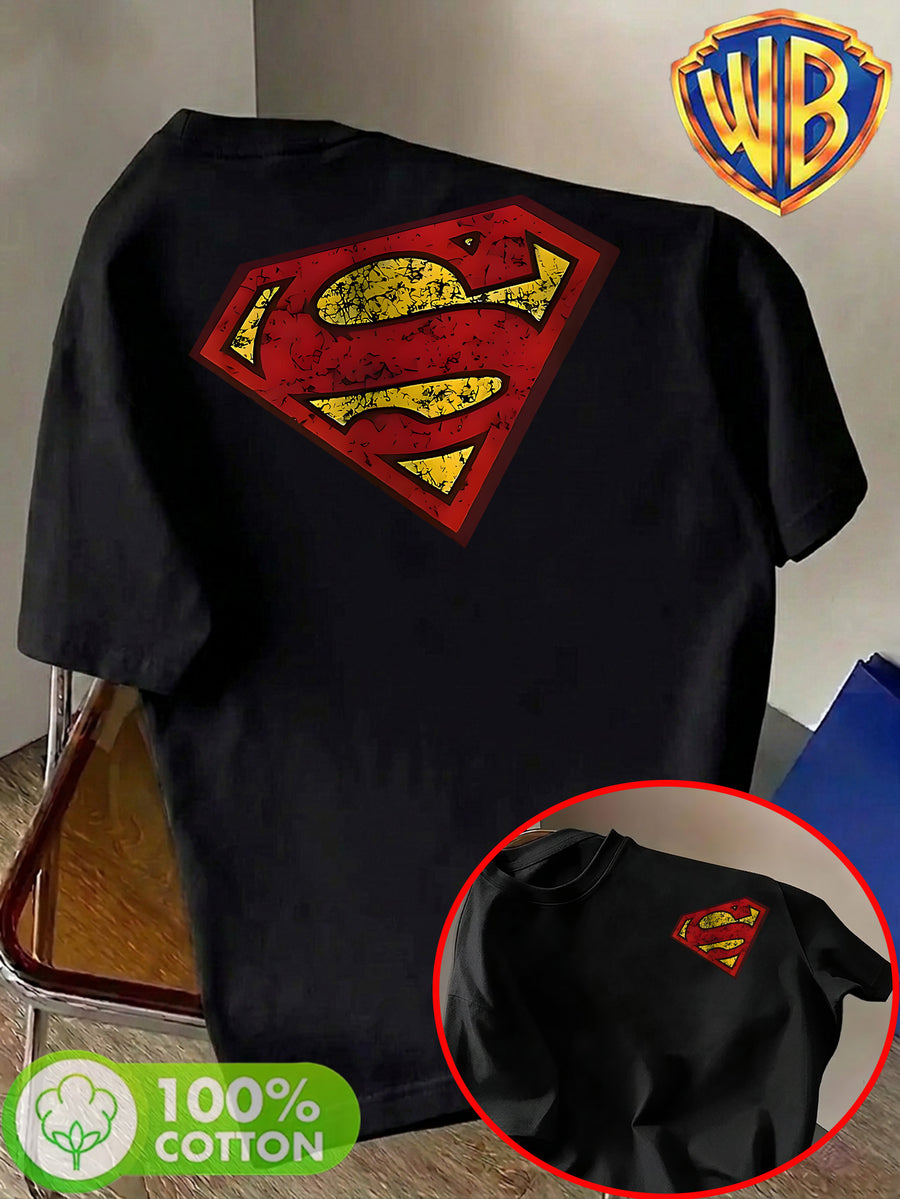Unisex Summer Loose Round Neck Short Sleeve T-Shirt, Suitable for Daily Commute, Street Outings, City Travel, Friend Gatherings, And Casual Wear, Large Area Distressed Cracked Superman Classic S Logo Artistic Print on Back - Black