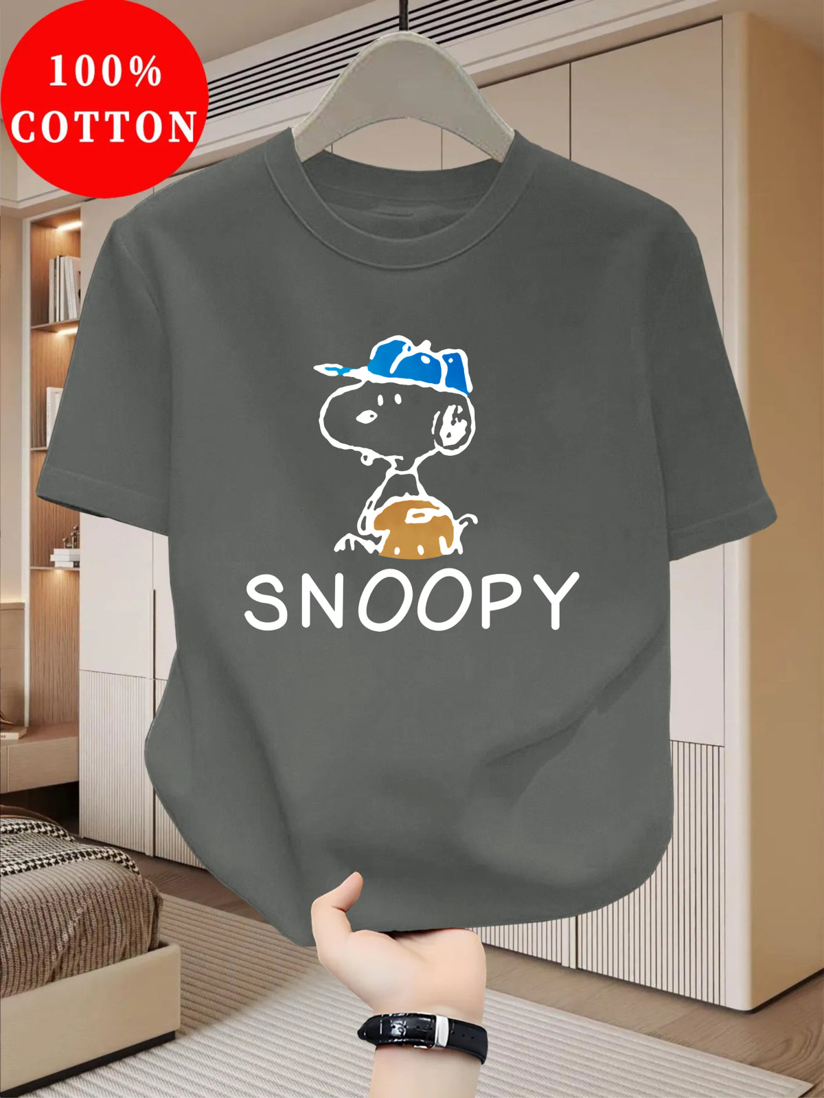 100% Cotton Men's T-Shirt, Summer Short Sleeve Thin Top, Trendy Fashion Slim Fit Breathable Casual Daily Versatile  Cartoon Pattern Letter Print, Stylish Elegant Personality Fun - Dark Gray
