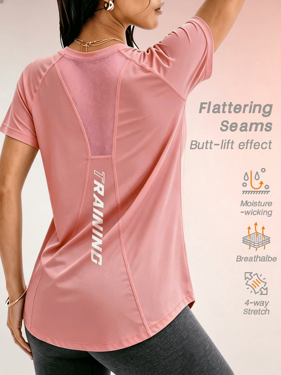 Women's Summer Mesh Breathable Short-Sleeve Quick-Dry Loose-Fit Sports T-Shirt for Fitness, Outdoor Running, and Yoga - Pink Color