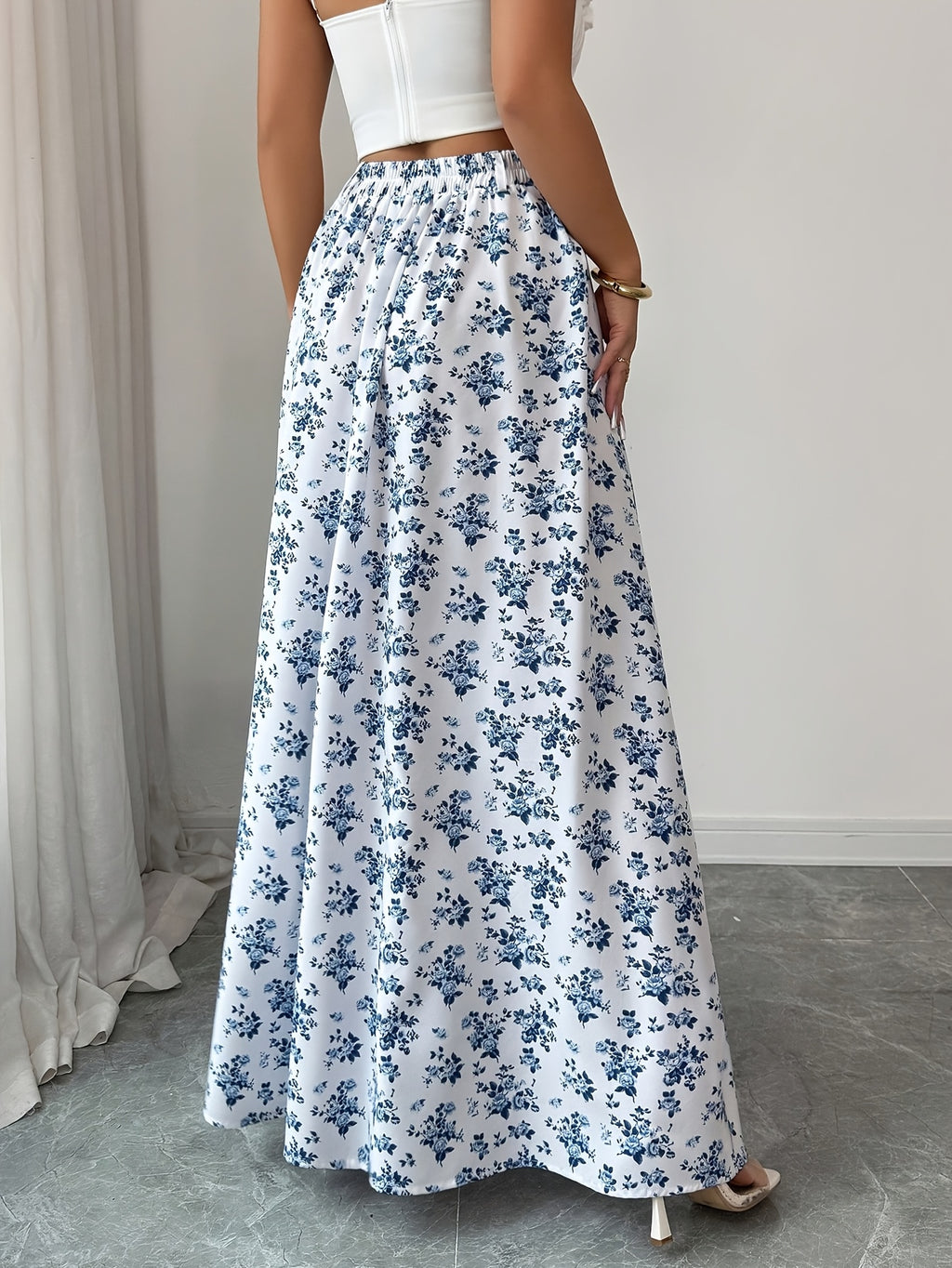 Women'S Fashion Elegant Casual Printed Button-Detailed Skirt, Summer Vacation Style, Elastic Waist, Flowing Long Dress, And Flattering - White