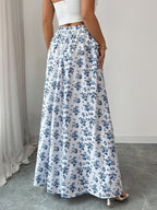 Women'S Fashion Elegant Casual Printed Button-Detailed Skirt, Summer Vacation Style, Elastic Waist, Flowing Long Dress, And Flattering - White