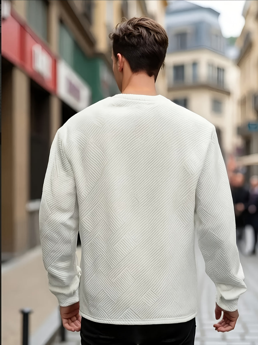 Men'S Spring Autumn Casual Long Sleeve Sweatshirt Daily All-Match Heavy Jacquard Round Neck Sweatshirt, Regular Fit, Outdoor, Crew Neck, Geometric Print - White