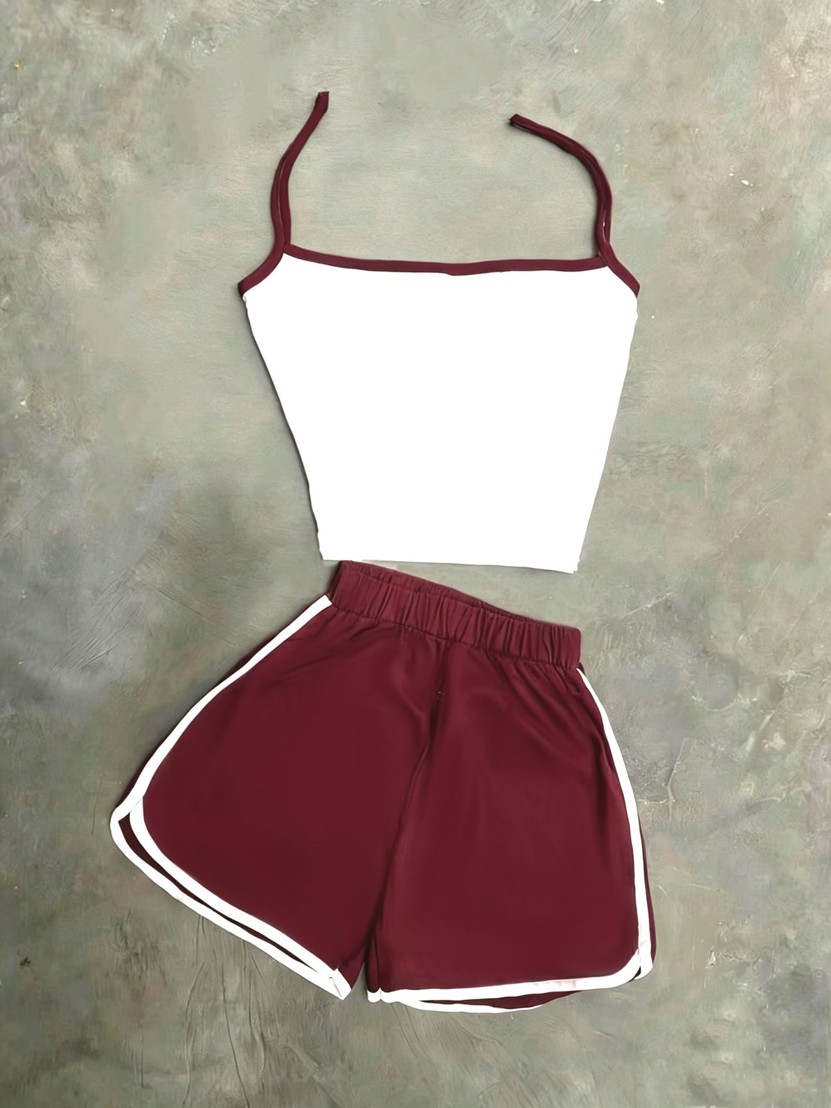 Elegant and Stylish New Spring/Summer Women's Color-Block Letter Print Waist-Cinching Backless Crop Camisole + Elastic Simple Casual Shorts Set ZLLZ - Burgundy