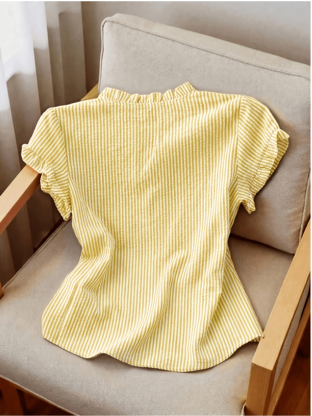 Women's Ruffle Collar Short Sleeve Single-Breasted Striped Shirt, Summer - Lemon Yellow