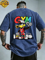 Warner Bros. Officially Authorized Fitness Cartoon Duck Holding Dumbbell Print Retro Washed Distressed Short Sleeve T-Shirt Unisex Machine Washable Daily Commuting Outdoor Sports Casual Top - Royal Blue