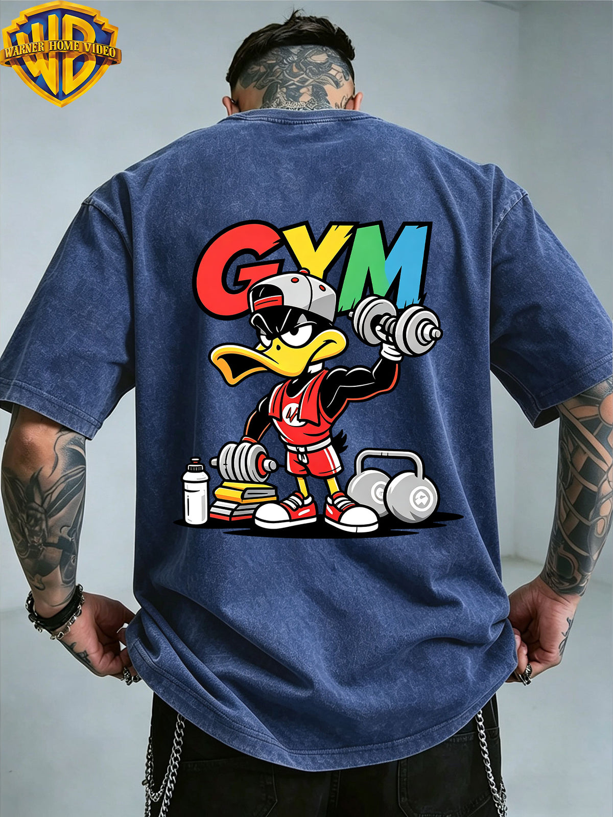 Warner Bros. Officially Authorized Fitness Cartoon Duck Holding Dumbbell Print Retro Washed Distressed Short Sleeve T-Shirt Unisex Machine Washable Daily Commuting Outdoor Sports Casual Top - Royal Blue