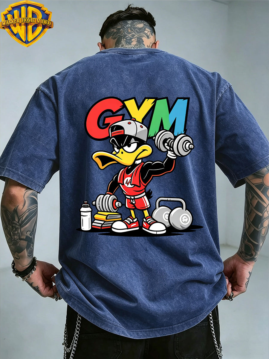Warner Bros. Officially Authorized Fitness Cartoon Duck Holding Dumbbell Print Retro Washed Distressed Short Sleeve T-Shirt Unisex Machine Washable Daily Commuting Outdoor Sports Casual Top - Royal Blue