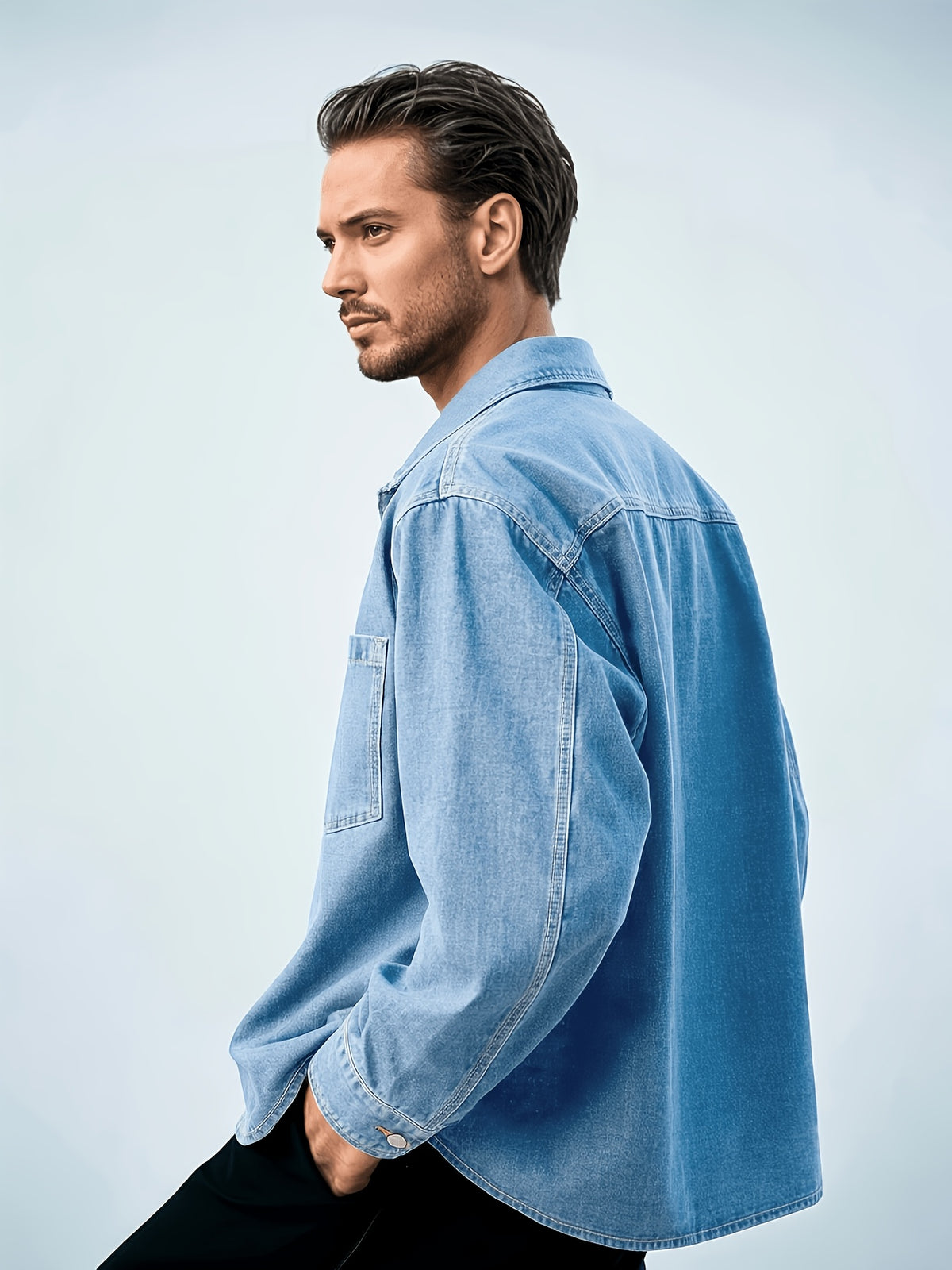 Japanese-style Workwear Non-Stretch Denim Shirt Jacket, Vintage Distressed Loose Fit Versatile Lapel Long Sleeve Top - Sky Blue