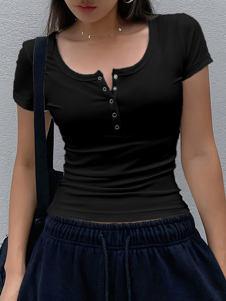 Women's Solid Color Low-Neck Short Sleeve - Black