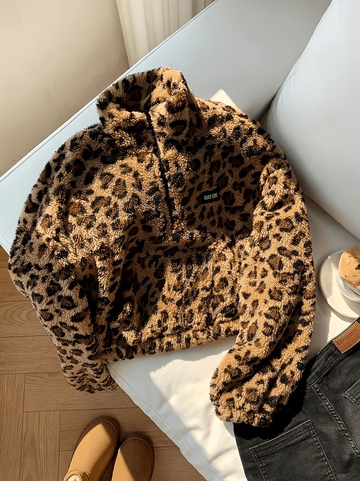 2026 Autumn/Winter New Arrival: Leopard Print Double-Sided Cropped Jacket, Women's Elegant Faux Coat with Stand Collar, Regular Shoulder Sleeves, Zipper Design and Pockets, Stylish and Sexy, Essential Lightweight Warm Jacket for Autumn-Winter - Coffee Color