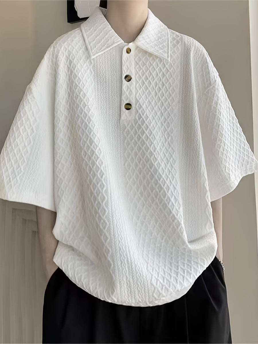 Men's Summer Textured Short-Sleeve Polo Shirt, Casual Lapel, Breathable, Loose Fit, Vacation Style, Half-Open Collar Top, Random Texture - White