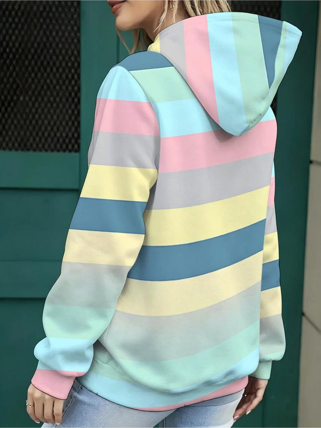 New Women's Casual Hoodie, Macaron Colored Horizontal Stripe Contrast Color Loose Sweatshirt Design, Printed Design – Not Textured - Mixed colors