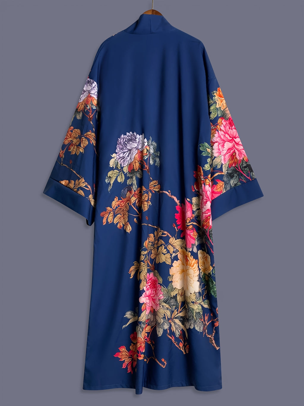 Japanese-style Rose Print Mid-length Three-quarter Sleeve Kimono Cardigan, Lightweight Outerwear for Women, Elegant European and American Ethnic-inspired Streetwear Casual Cover-up, Beach Vacation Travel Uchikake-style Thin Cape Coat, Home Yukata - Blue