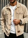 BOWZ Men's Corduroy Jacket Button-Up Cardigan Coat with Stand Collar & Drawstring Hood Suitable for Sports, Casual Commuting Jacket, Corduroy Button-Front Closure, Machine Washable Fall Outerwear, Solid Color Regular Fit Cardigan Gift - Light Khaki
