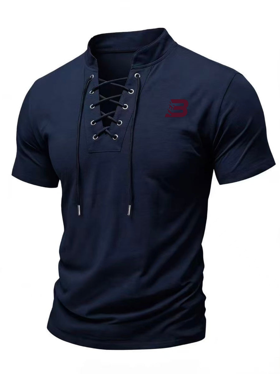 Summer Men'S Retro Stand-Up Collar Tie Short-Sleeved T-Shirt, Easy THE B Letter Print Slim Fit Casual Versatile Base Shirt - Navy Color