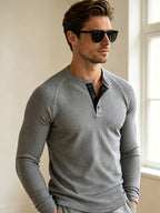 Men's Waffle Knit Henley Long Sleeve Shirts, Raglan Sleeve 3 Button Placket Crew Neck T-Shirt, Casual Slim Fit Lightweight Basic Tops for Daily Workout Outdoor Winter Clothes for Men - Grey