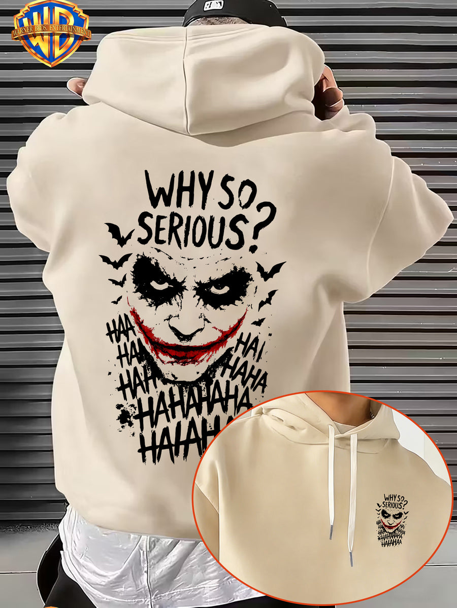 Licensed by Warner Bros., Trendy Cool Dark Distressed Joker Head, Classic Quote Slogan Bat Silhouette Street Retro Graffiti Trendy Cool Print Men'S Fashion Hooded Sweatshirt, Sleeve Print Design, Kangaroo Pocket, Drawstring Hood - Apricot