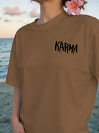Front And Back Print T-Shirt, Cause And Effect, KARMA Pattern Women'S Round Neck Casual Short Sleeve Top, Trendy Fashion Casual Style, Women'S Double-Sided Printed Top, Round Neck Women'S Short Sleeve T-Shirt S-XXL - Coffee Brown