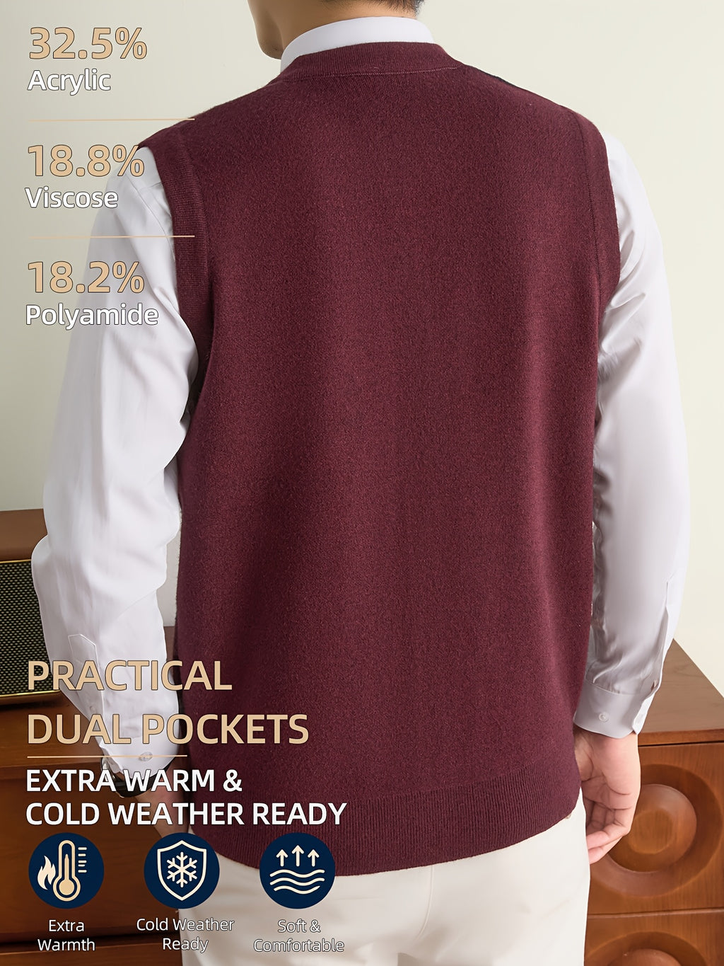 New Autumn/Winter Men's Knitted Vest with V-Neck, Tie Pockets, and Rhombus Pattern Design. Warm, Cold-Resistant, Soft, and Comfortable Sweater Vest. Simple, Elegant, and Versatile, Suitable for Daily, Business, Casual, and Camping Wear. The First - Burgundy