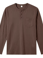 Men's Henley Neck Long Sleeve T-Shirt, Spring/Autumn Three-Button Casual Base Layer, Slim Fit Versatile Top with Left Chest Pocket - Coffee Color
