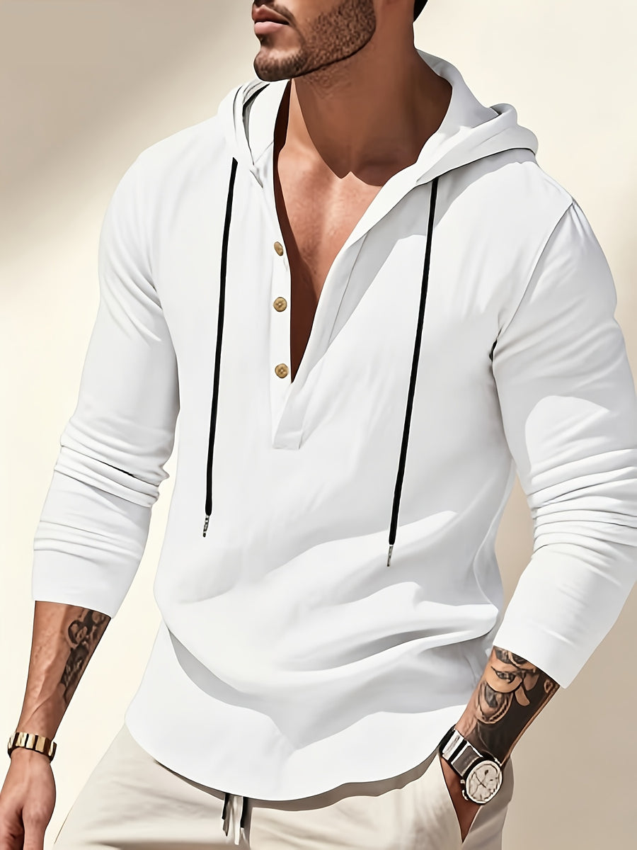 Men'S Linen Hooded Drawstring Henley Shirt Breathable Skin-Friendly Anti-Wrinkle Drape Daily Commute/Outdoor Leisure/Light Exercise Drawstring Hood And Button-Up Placket Loose All-Match Multi-Color Optional - White