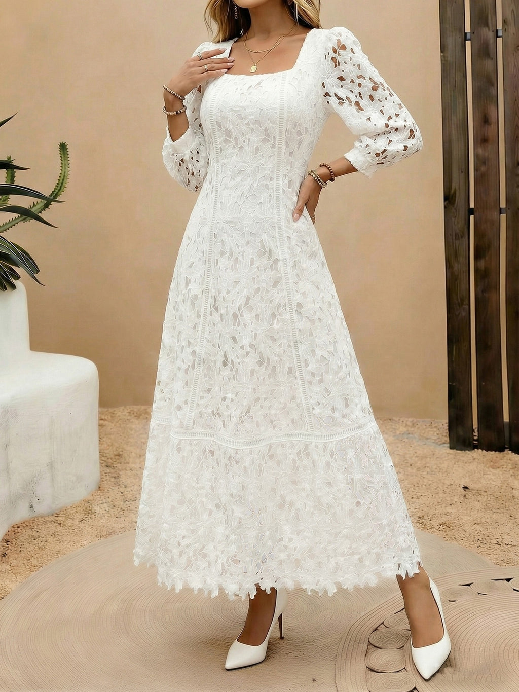Heavy-Handcrafted French Lace Maxi Dress, Stylish Square Neck with Exquisite Cutout Lace, Elegant And, Ideal for Daily Commute And Dates NIANNIAN Women'S Wear - White