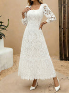 Heavy-Handcrafted French Lace Maxi Dress, Stylish Square Neck with Exquisite Cutout Lace, Elegant And, Ideal for Daily Commute And Dates NIANNIAN Women'S Wear - White