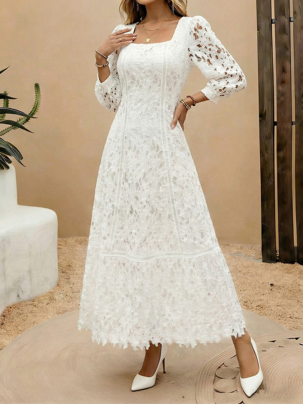 Heavy-Handcrafted French Lace Maxi Dress, Stylish Square Neck with Exquisite Cutout Lace, Elegant And, Ideal for Daily Commute And Dates NIANNIAN Women'S Wear - White