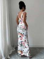 Women'S Summer Printed Ruffled Square Neck Sleeveless Long Dress, Suitable for Beach Dates - Milky