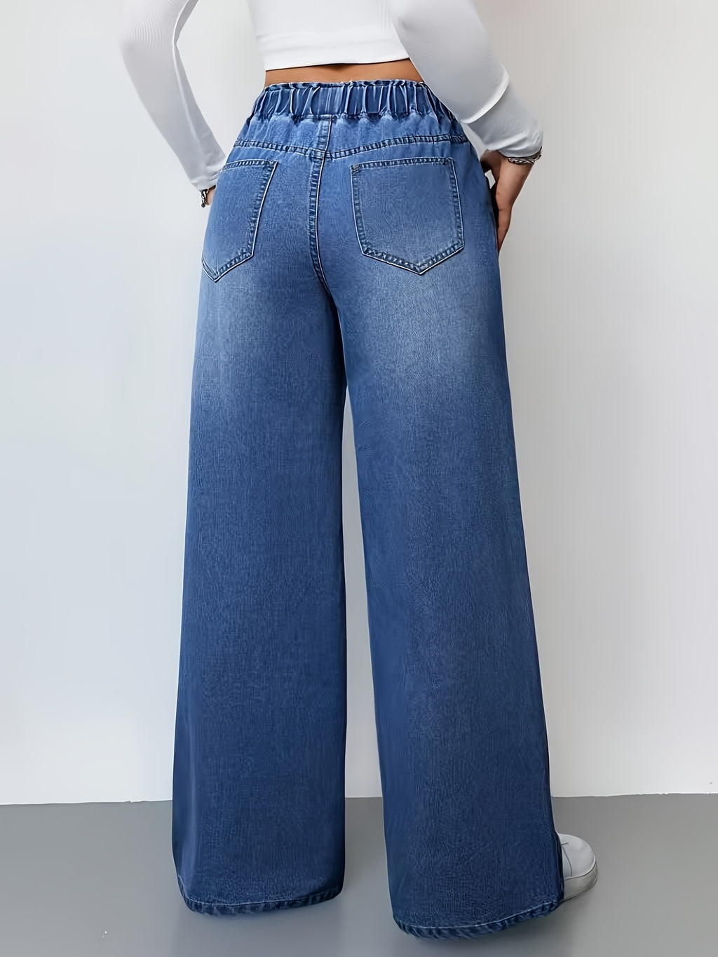 Women's Wide-Leg Jeans - Vintage Washed Wash Non-Stretch Pants with Wide Leg Opening & Drawstring Waist for all-Season Wear, Casual or Dressy Outfits (Machine Washable) - Blue