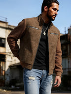 EXARUS Men's American-Style Stand Collar -Like Patchwork Jacket, Spring/Autumn Outerwear, Waffle Long Sleeve Color-Block Casual Top, European/American Outdoor Workwear Style Zipper Jacket. Features a -like Textured Body with Textured Sleeves - Light Brown-1