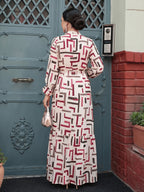 Middle Eastern Muslim Abayas, Elegant Temperament Printed Round Neck Puff Sleeve Tie-Up A-Line Robe, Headscarf Not Included - Burgundy