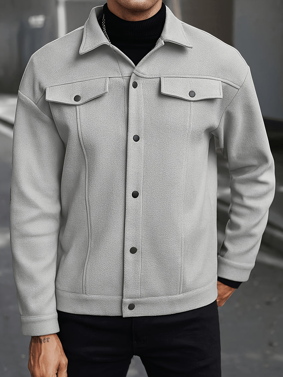 New Autumn/Winter Men's Lapel Tweed Shirt Jacket, Loose Fit with Double Patch Pockets, Single-Breasted Casual Workwear Outerwear, Versatile Top for Daily Commuting - Grey