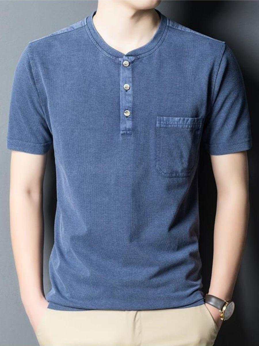 New Summer Men's Short-Sleeve Henley Shirt with Washed Distressed Finish, Waffle Knit Texture, Business Casual T-Shirt with Pocket - Navy Color