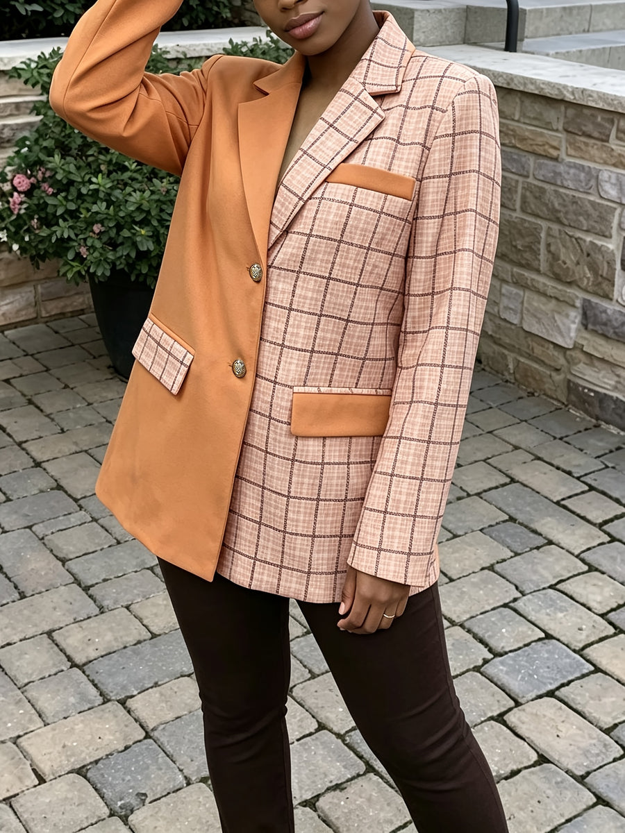 Urban Printed Plaid Lapel Suit Jacket, Color-Block Checkered Casual Suit Coat for Women, Lapel Loose Long Sleeve Commuter Cardigan Suit Top - Mixed colors