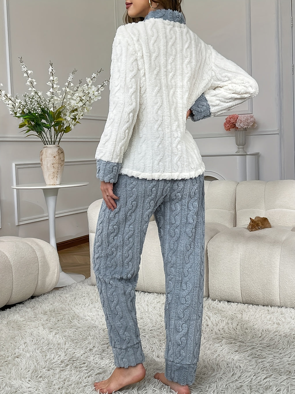 Plus Size 25AW Homewear Trend New Autumn/Winter Women's Pajama Cardigan Set with Long Sleeves and Long Pants, Embroidered Bear Pocket Design, Warm, Comfortable, Casual, Jacquard Loose Fit Loungewear - Bright Steel Blue
