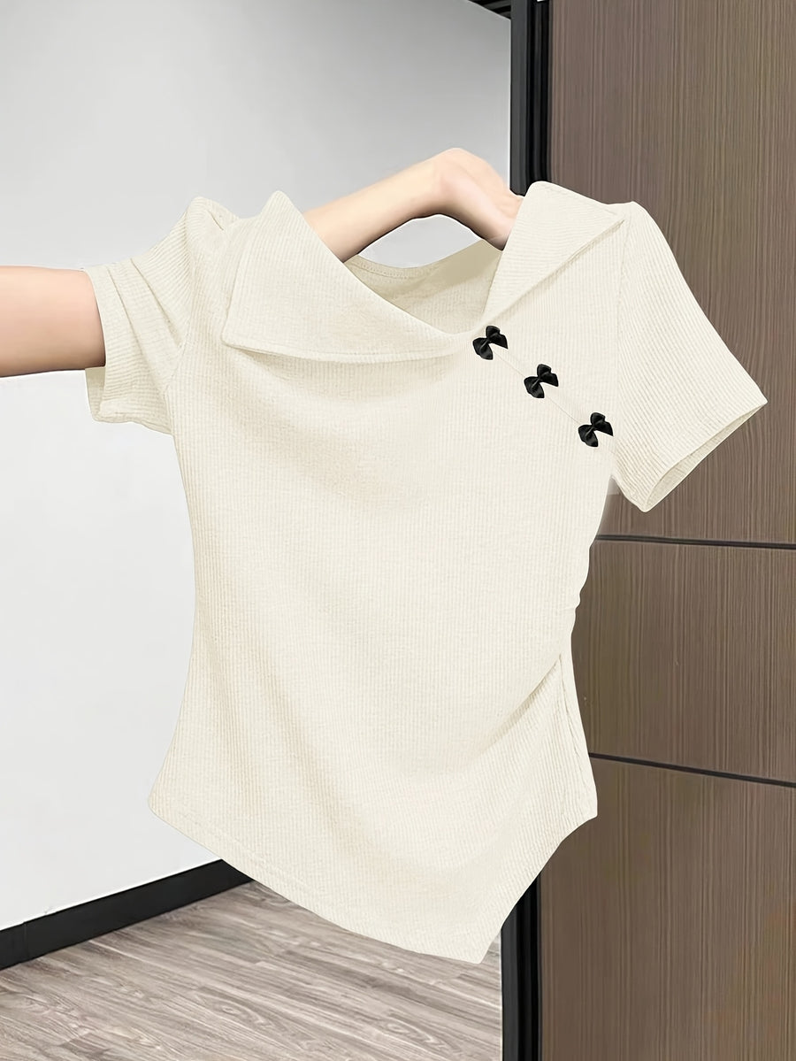 Women's Elegant Casual Asymmetrical Bow Detail T-Shirt - Soft Round Neck Top, Machine Washable All-Season Versatile Shirt for Casual Attire - Off-white