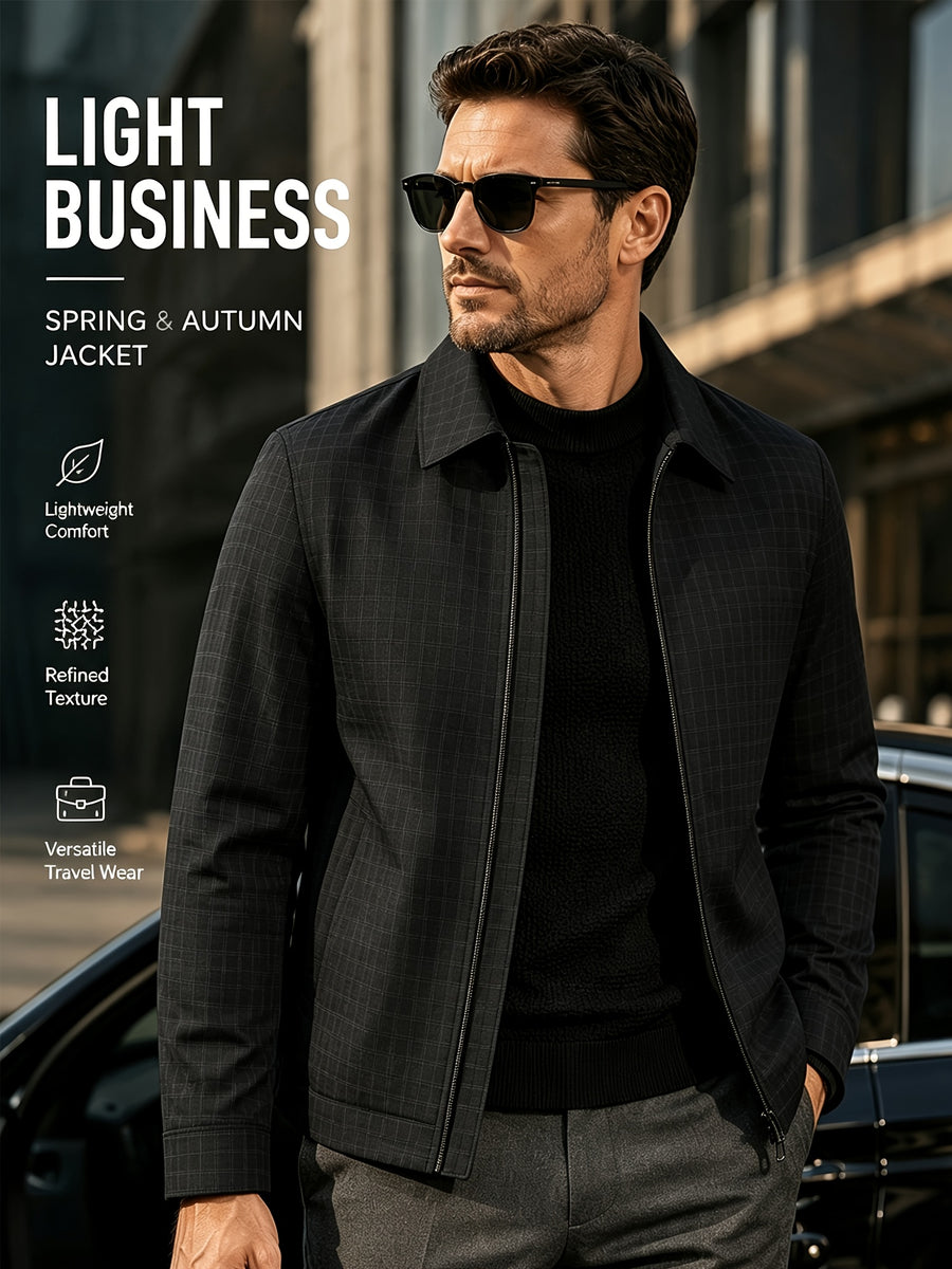 Men'S Lightweight Casual Lapel Full-Zip Jacket, Striped Checkered Soft Comfortable, Suitable for Daily, Outdoor, Travel And Business Casual Occasions - Black