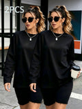 2pcs Women's Y2K Oversized Round Neck T-Shirts - Soft Loose Fit Solid Color Basic, Medium Stretch Suitable for Daily Commuting, Layering & Streetwear, Machine Washable Spring/Autumn Wardrobe - Black + Black
