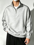 Men's Sporty Casual Half-Zip Stand Collar Sweatshirt, Thickened Polyester Fiber, Wear-Resistant and Non-Deforming, with Contrast Color Stripes on the Sides, Side-Seam Pockets, Loose Fit Long Sleeves, Versatile Solid Color Basic Top for Fitness Spring - Light Twist Gray
