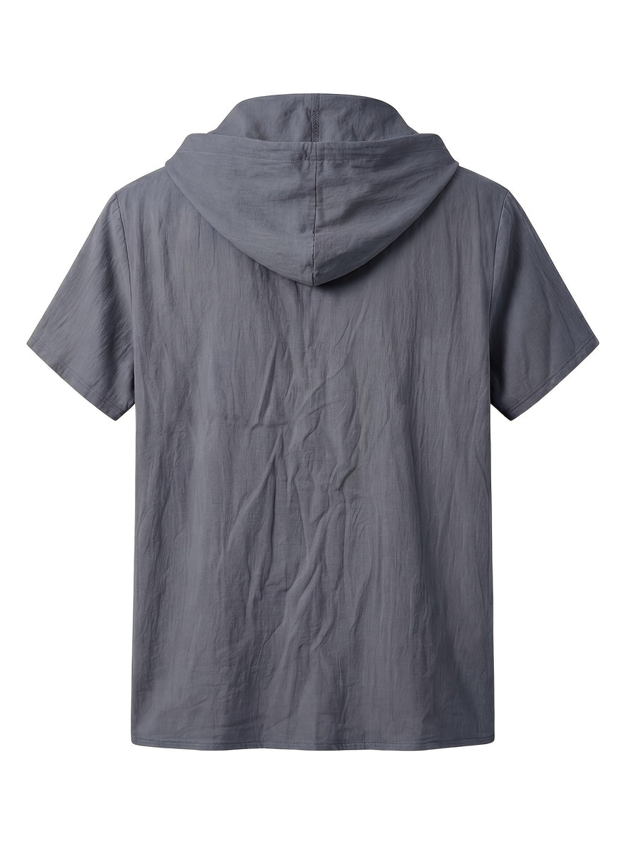Men's Breathable Half-Zip Hooded Short-Sleeve T-Shirt - Loose-Fit Linen Summer Top with Zipper Collar, Solid Color Casual Beachwear Suitable for Vacation, Outdoor & Casual Attire, Machine Washable Linen Shirt - Dark Gray