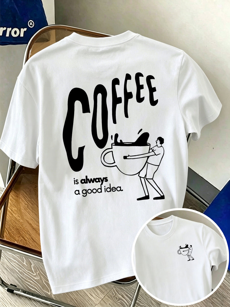 Men'S 100% T-Shirt, Coffee Character Print, Soft Breathable Comfortable Casual, All-Season Daily Commute - White