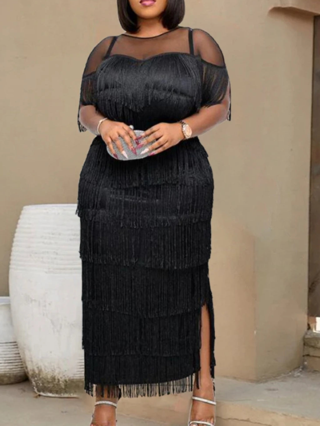 Women'S Sexy Tassel Long Dress Fashion See-Through Mesh Slim Fit Dress Prom Gown Party Celebration Event - Black