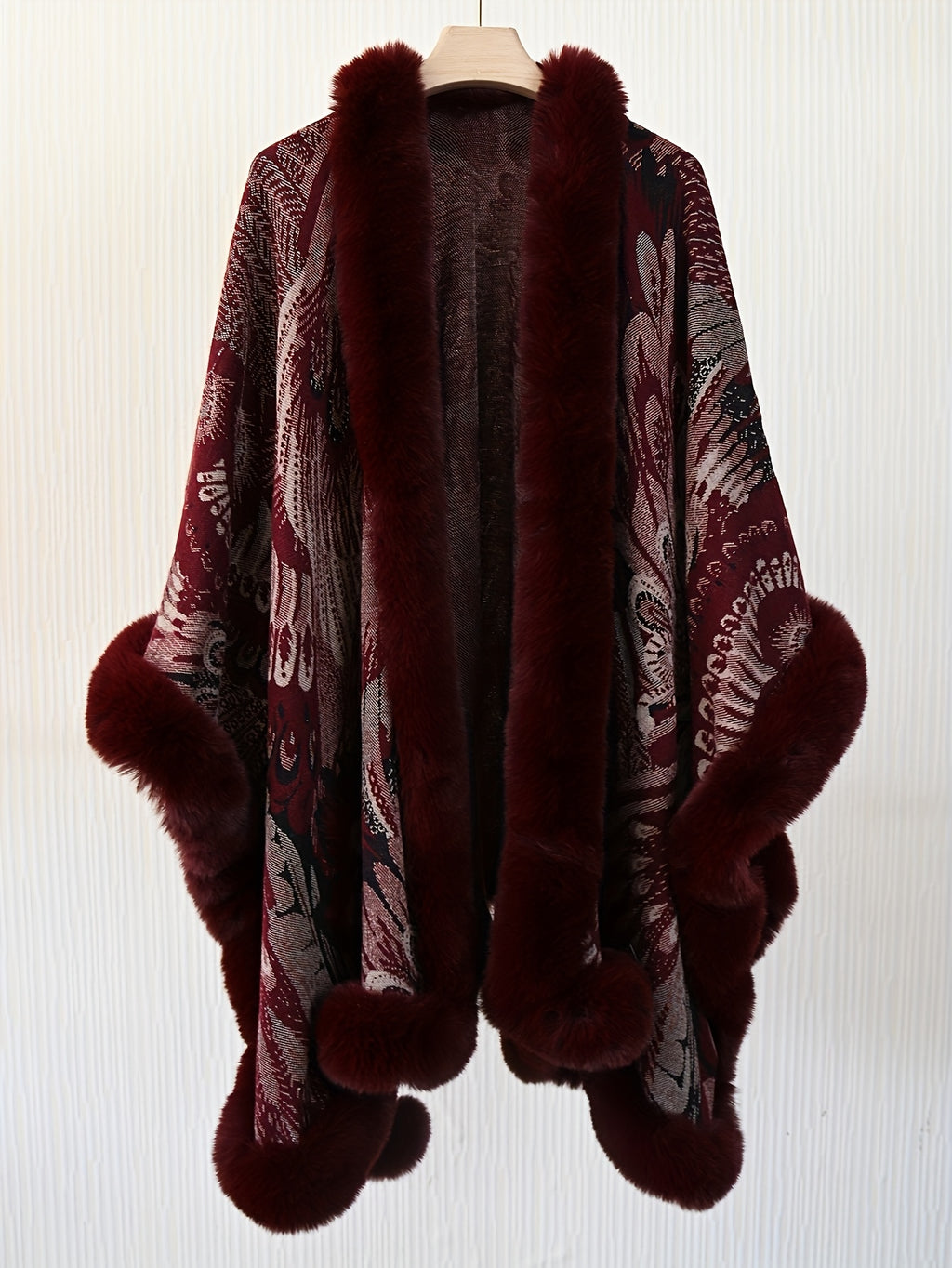 Women's Faux Trim Cape Shawl, Pea Rooster Pattern Acrylic Poncho Wrap, Open Front Sleeveless Fall Winter Outerwear - Burgundy