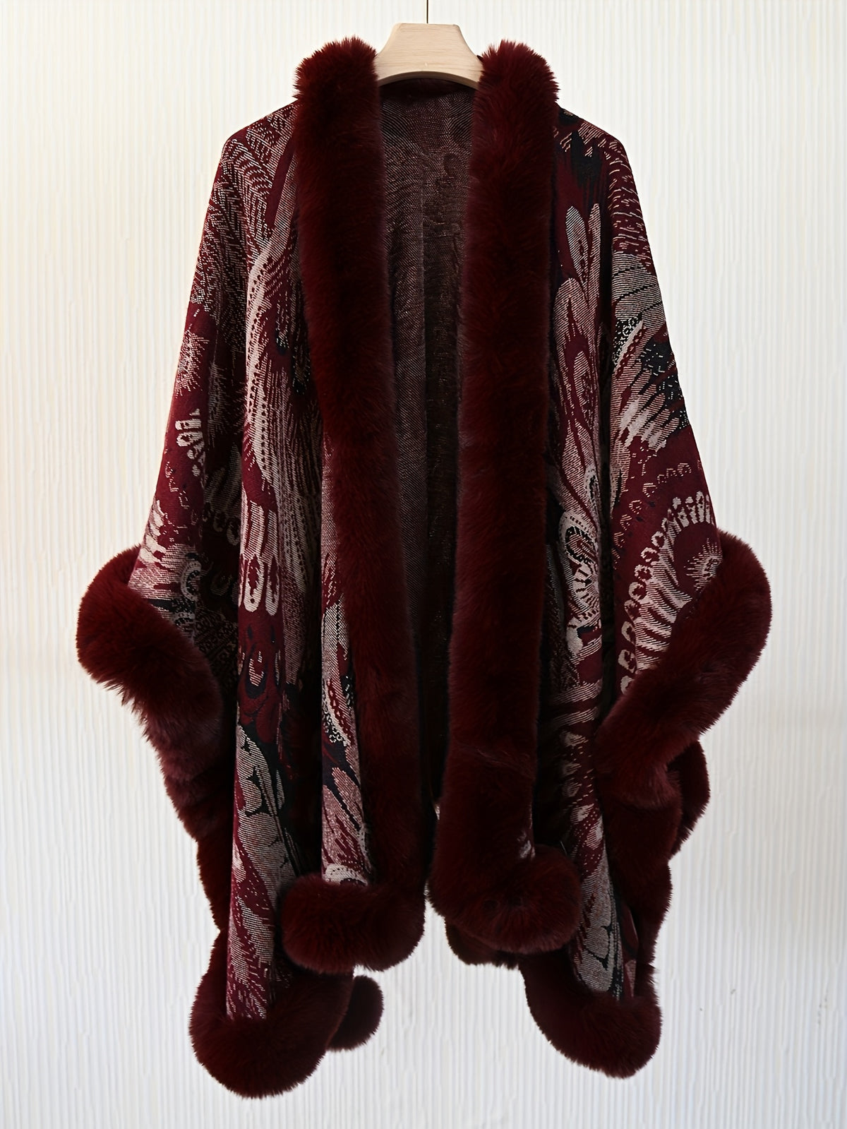 Women's Faux Trim Cape Shawl, Pea Rooster Pattern Acrylic Poncho Wrap, Open Front Sleeveless Fall Winter Outerwear - Burgundy