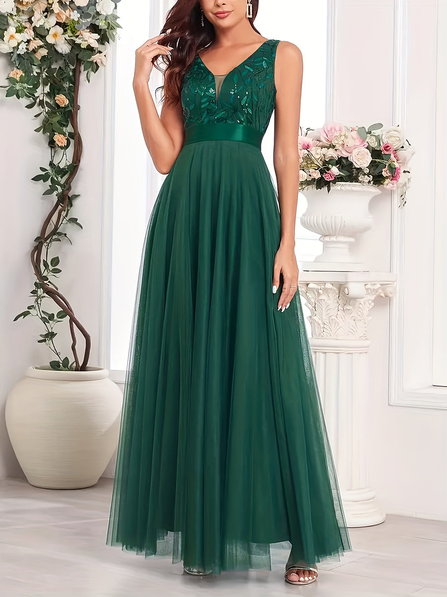 Fashionable Sexy New Women'S Sequin Mesh Patchwork A-Line Party Dress - Dark Green